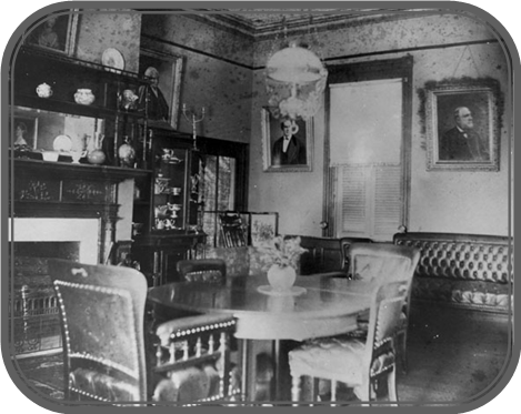 One of the side parlors at Ravensworth Note portraits of Mary Custis Lee (C), as a senior citizen (just to right of fireplace,  George Washington Parke Custis (B), husband to  Mary Lee (Molly) Fitzhugh Custis (B) , and Rooney Lee (E),  second son of Robert E. and Mary Custis Lee (C).